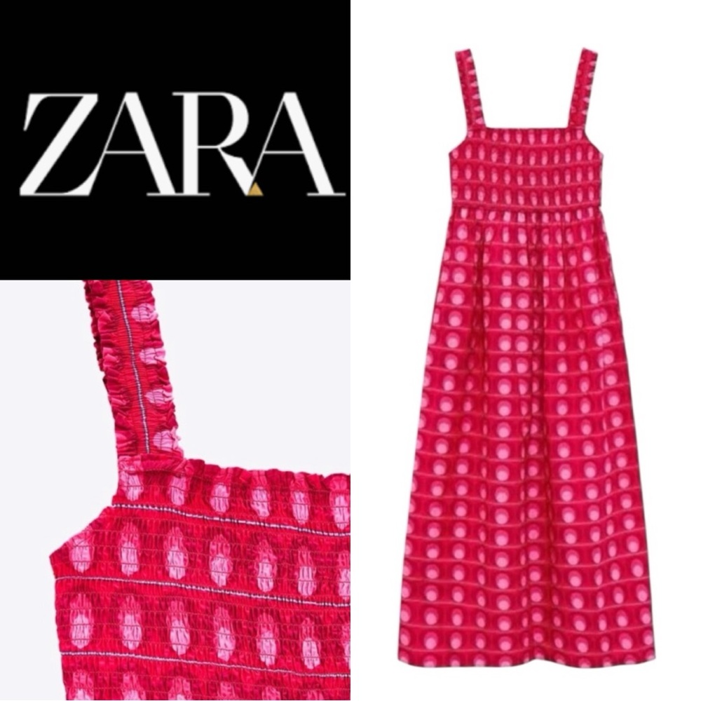 ZARA PINK SMOCKED BODICE RETRO GEO PRINT SLEEVELESS MAXI DRESS